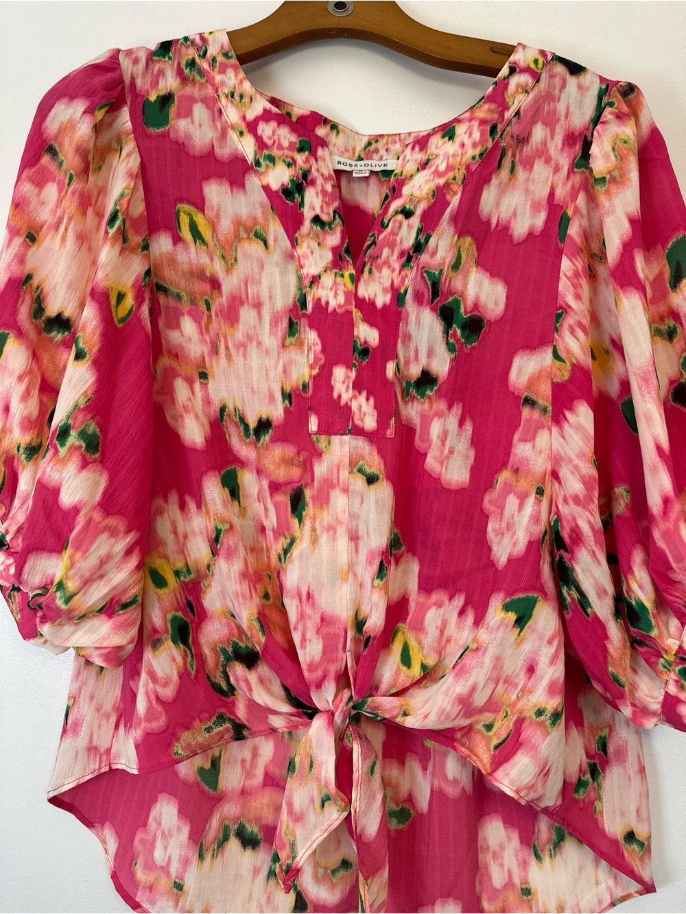 Rose & Olive Hot Pink Floral Tie-Front Blouse